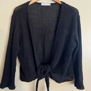 Cut Loose Black Cotton Cardigan Open Front Knit Sweater szXL